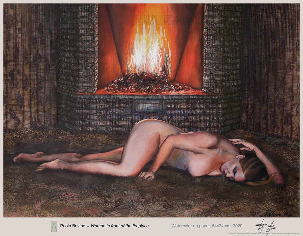 Woman in front of the fireplace